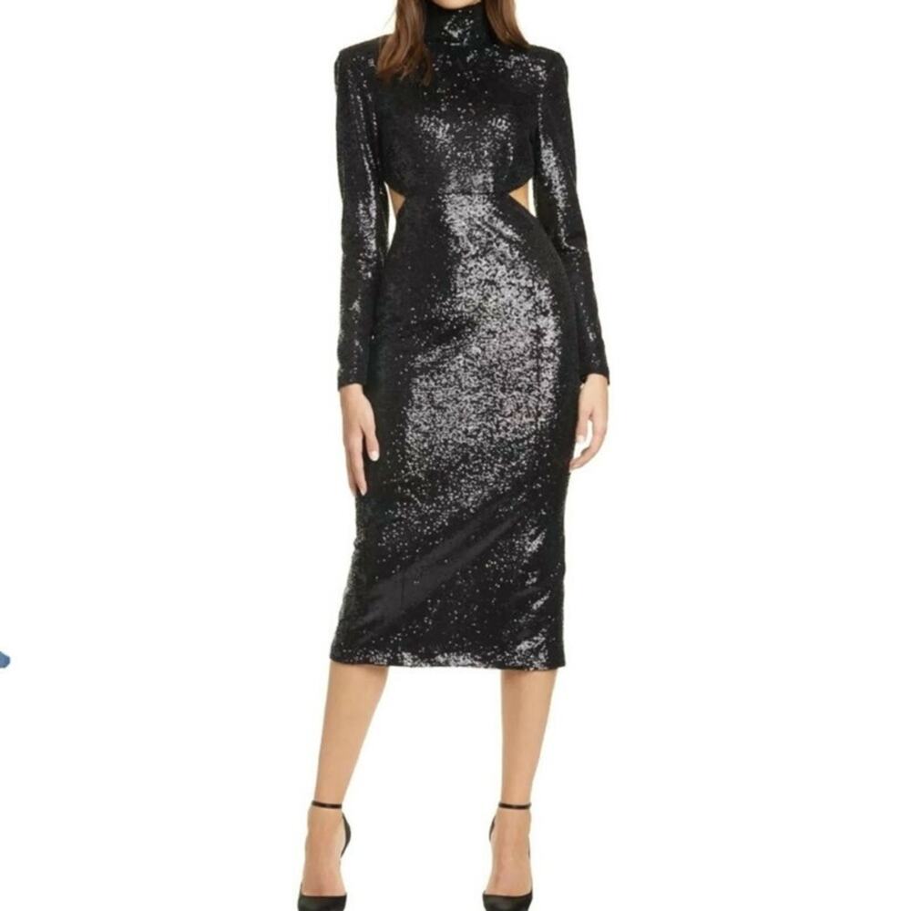 Cinq a Sept Black Sequin High Neck Backless Midi Dress Size 10